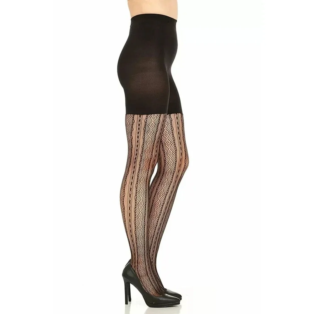 SPANX‎ STAR POWER DOUBLE DIAMOND STRIPE SHAPING TIGHTS Size C  BACKDROP BLACK